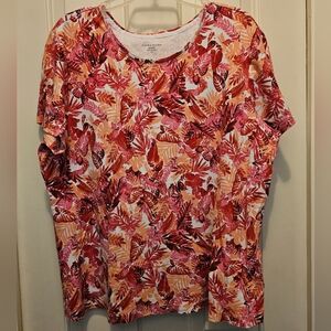 Laura Scott Pink and Orange Tropical Leaf T-Shirt Top - 1X
